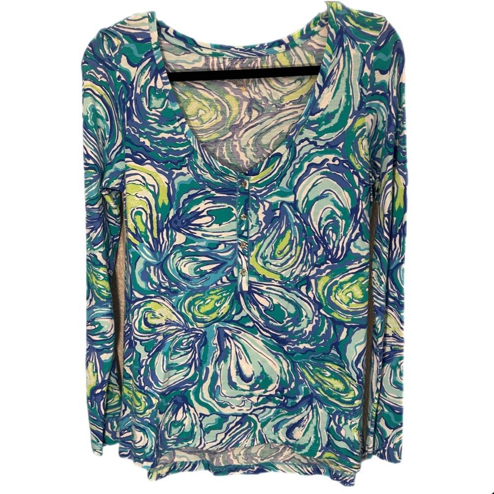 Lilly Pulitzer Sorella Henley Long Sleeve Top Sparkling Blue Oh Shucks Sz Small